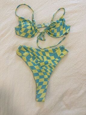 Aurelle Checkerboard Bikini Top in Lime & Teal
